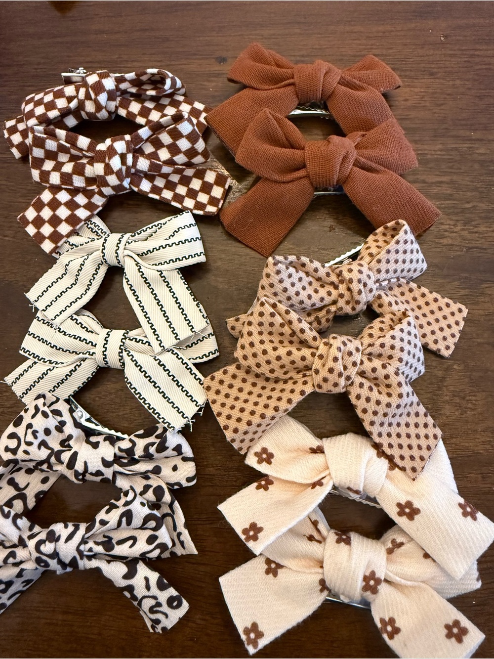 Kids Brown & Cream Bow Hair Clips - Set of 8